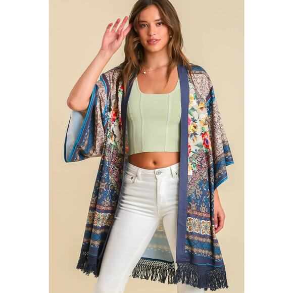 Umgee Tops - Umgee Full Size Fringe Hem Open Front Printed Kimono Sleeve Cover-Up Plus Size